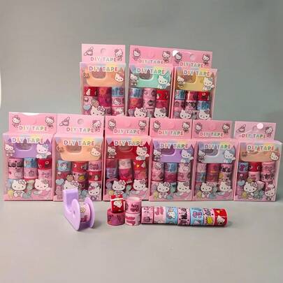 Sanrio 一套12+1张Hello Kitty贴纸，迷你纸胶带，适合DIY剪贴簿，可爱少女风，1盒（12卷）带切割器，1套随机胶带封口贴纸，朋友贴纸礼盒