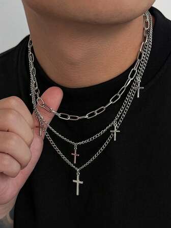 1 Set de Collar Minimalista Vintage de Cadena Metálica con Estrella y Cruz, Regalo de Uso Diario para Él, Cumpleaños, Festividad