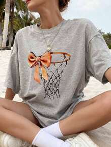 Clothes Street Fashion Bow Tie And Basketball Hoop Pattern Print Plus Size Loose T-Shirt Painting Style Patterns,Girl's Solid Color T-Shirt , Suitable For Daily Wear, Going Out, Party, School, Attending Music Festivals, Vacation, Commuting. Can Be Given As A Gift To Family, Boyfriend,Girlfriend, Friends,Girls Winter Clothes,Essentials Hoodie