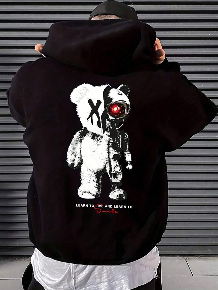 Bear Robot X Eye Learn To Live And Learn To Dance Men's Fleece Hoodie - Loose INS Style With Printed Patterns, Anime & American-Inspired, Unique  Design Graphic T Shirts - Black - View 1