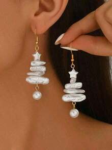 2pcs Elegant Pearl Tree & Design Earrings, Baroque Pearl Style, Versatile All Occasions, Holiday Choice Decorations Home Gifts Decor - Nhiều màu - Xem 1