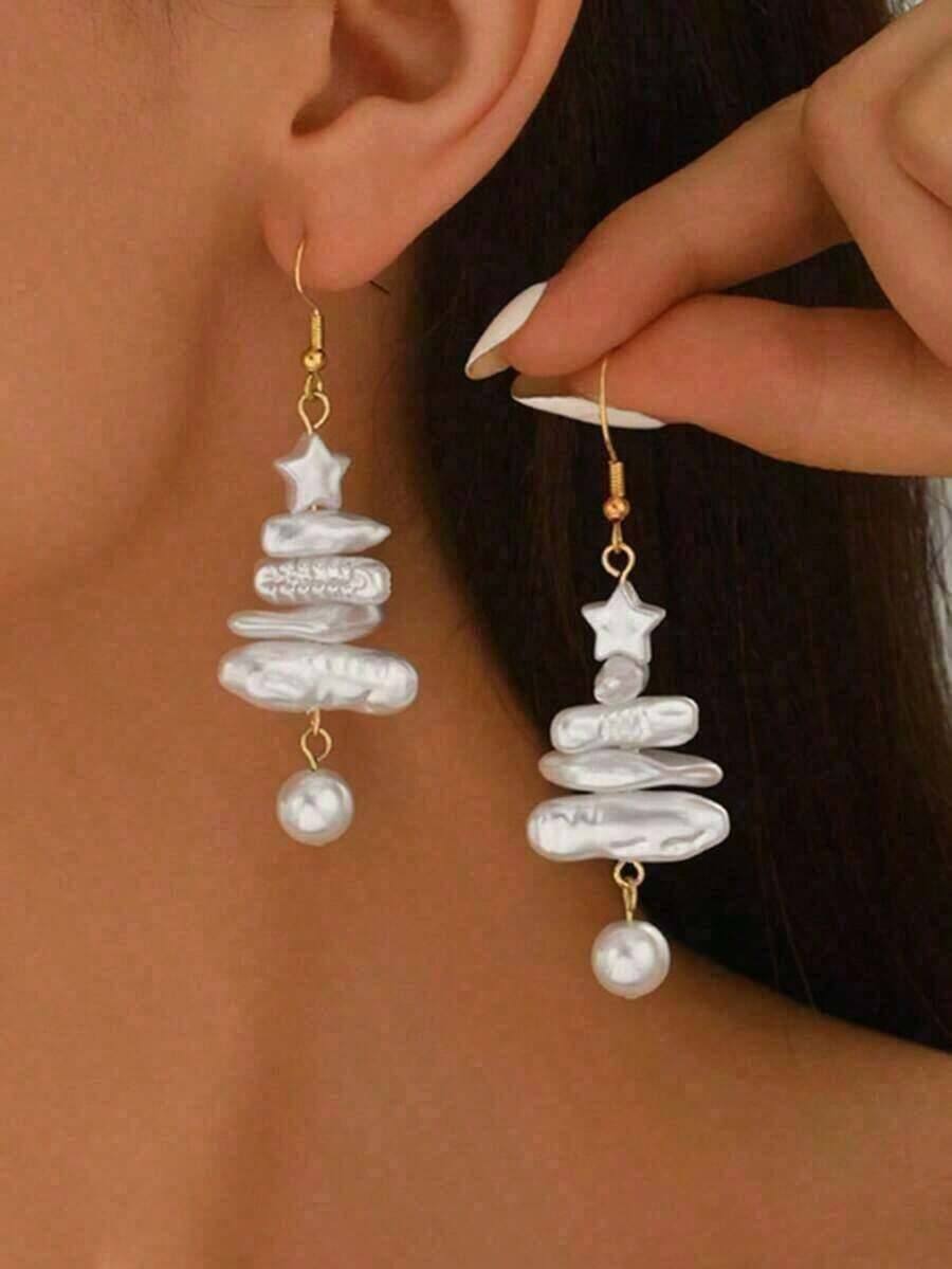 2pcs Elegant Pearl Tree & Design Earrings, Baroque Pearl Style, Versatile All Occasions, Holiday Choice Decorations Home Gifts Decor - Nhiều màu - Xem 1