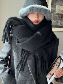 1pc Women's Winter Scarf, Black Faux Cashmere Poncho, Thick & Warm, Women's Fashion Solid Color Tassel Fleece Scarf, Outdoor Ladies Shawl - A - View 7