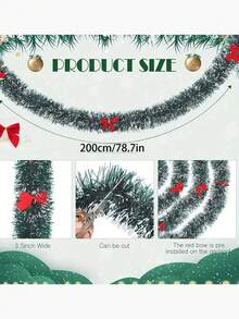 1pc 2m Christmas Decorative Ribbon With Red Bow, 12pcs Deep Green Aluminum Foil Wire, Suitable For Tree Decor And Holiday Decoration, Indoor/Outdoor Use - Picture Color - View 9