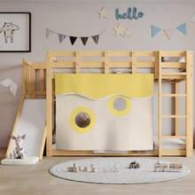 Wooden Bunk Bed With Ladder And Railing, With Curtain, Slide, Children's Bed With Fall Protection And Railing, MDF+Pine, White, 90x200cm - 自然色 - 查看 10