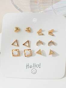 6件套时尚女童耳环，款式包括心形、圆形、月亮、蝴蝶、三角形、海马图案 - 彩色 - 查看 12