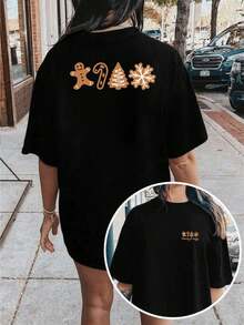 Premium Cotton T-Shirt With Double-Sided Christmas Cookie Print, Slim Fit, Casual, For Everyday Wear. - Black - View 1