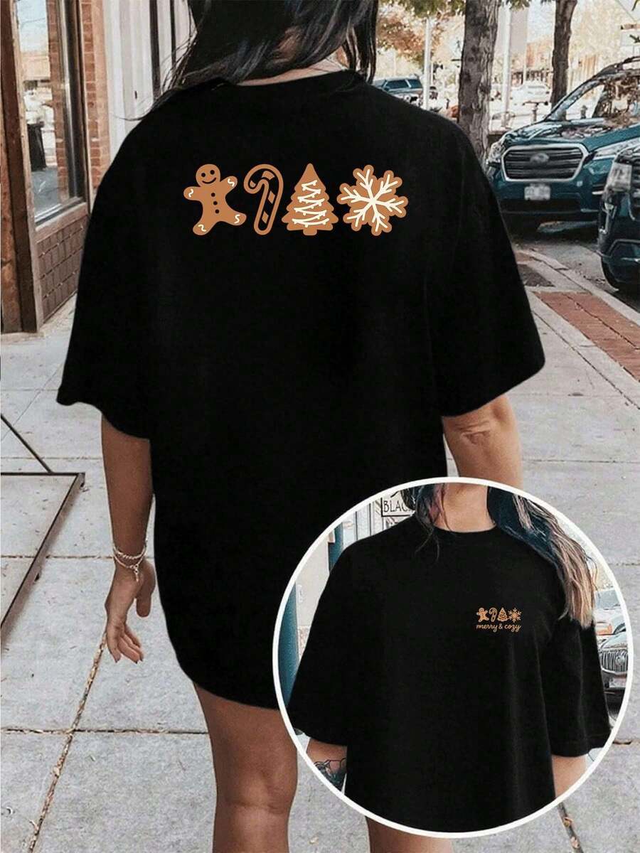Premium Cotton T-Shirt With Double-Sided Christmas Cookie Print, Slim Fit, Casual, For Everyday Wear. - Black - View 1