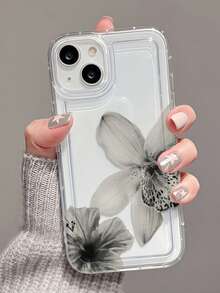 Flower 1pc Black & Gray Floral Transparent Air Cushion Minimalist TPU Shockproof Phone Case Compatible With IPhone 17/16/15/14/13/12/11 Pro Max, Galaxy A55/54/53/52/51, S25/24/23/22/21 Series - Multicolor - View 4