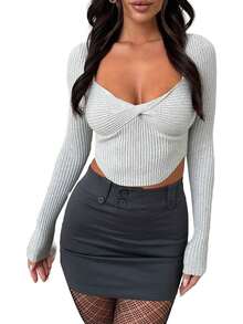 Womenacute;S Cropped Knit Tops Solid Color Long Sleeve Sweetheart Collar Spring Fall Show Navel Sweaters - Grey - View 2