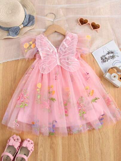 1pc Young Girl Cute Princess Elegant 3D Butterfly Decor Cap Sleeve Floral Embroidered Tulle Tutu Party Birthday Beach Vacation Dress, Spring/Summer/Autumn