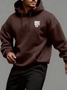 男士休闲时尚“永不放弃”标语印花袋鼠口袋抽绳连帽衫，保暖内衬，秋冬款 - 棕色 - 查看 2