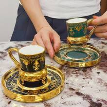 1/6pcs Set Luxury Embossed Floral Gold Rim Ceramic Coffee Cup & Saucer Set, 90ml/3.04oz Arabic Style Gold Rim Suitable For Cappuccino, Latte, Mocha, Milk, Double Espresso, Elegant Home Decor, Office, Kitchen, Perfect Gift For Christmas, Valentine's Day, Festival - Gift For Her/Him - Multicolor - View 10