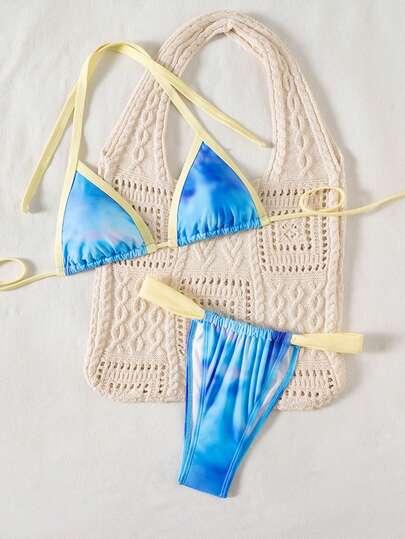 Bộ bikini Suntide với họa tiết bầu trời xanh và viền tương phản, cúp ngực tam giác, đồ bơi hai mảnh dành cho nữ, thích hợp cho kỳ nghỉ biển.