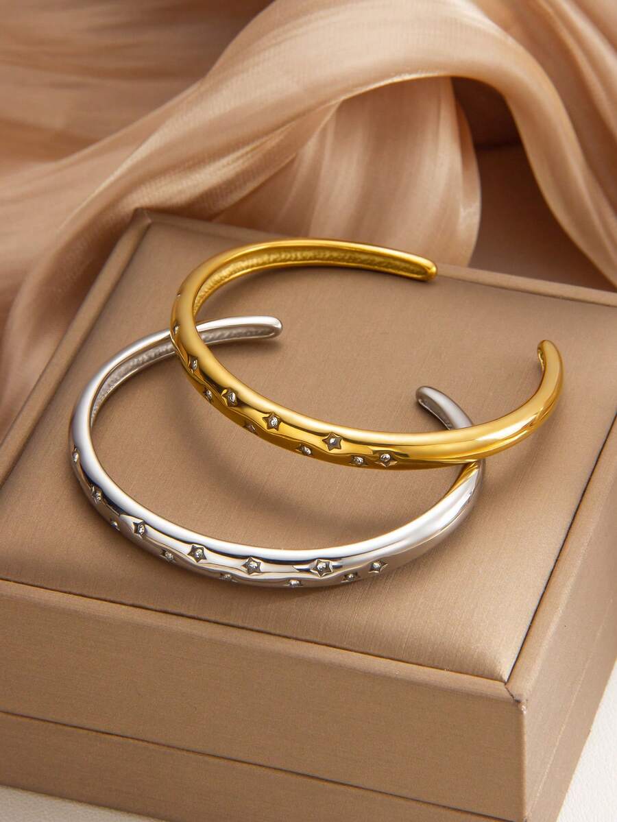 1件/2件装不锈钢手链，奢华优雅风格，星形设计镶嵌水钻，朋友礼物套装，男女皆宜，女士手链，高品质女士手链，女士手链，可叠戴手链，情侣礼物 - 手鐲 - 查看 1