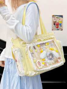 1 Stück Kawaii Spitze Rüschen Dekor Umhängetasche, elegant & raffinierter japanischer Stil, transparente Schicht Dekoration geeignet für Anime/Comic Conventions, große Kapazität Lässig Handtasche mit abnehmbarem verstellbarem Riemen - Gelb - Übersicht 3