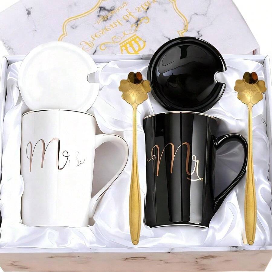 YQQ Juego de tazas de café para parejas tazas de café para novios taza de cerámica con cuchara regalo Ideal para bodas San Valentín Navidad Negro + Blanco1234 - NegroBlanco - Ver 1