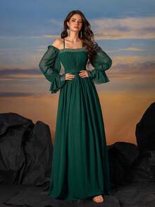 SUPGIR 刺绣串珠露肩长袖褶皱腰部喇叭连衣裙，阿拉伯风格 - 墨綠色 - 查看 5