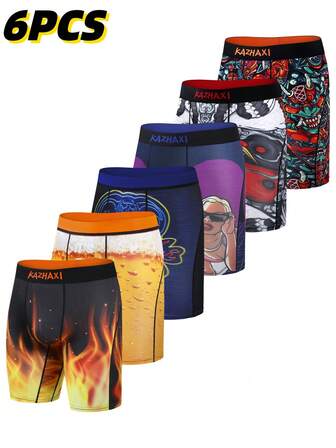 6pcs Men's Digital Print Boxer Briefs, Personalized Pattern Placement 3D Printing, Extended Leg Design Suitable For Sports, Running, Daily Casual Wear
