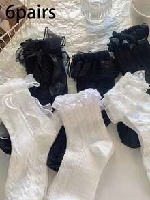 6双双层蕾丝装饰袜，可爱柔软的女士中筒袜，情人节礼物，蝴蝶结蕾丝边中筒袜，白色日式薄款甜美公主洛丽塔玛丽珍JK袜，蕾丝蝴蝶结可爱日式蕾丝公主仙女袜，ins风筒袜 - 彩色 - 查看 5