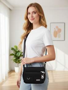 Functional Oxford Shoulder Bag For Women Solid Color Crossbody Bag With Multi-Pocket And Adjustable Strap  Medium Bags For Shopping And Christmas Presents - 黑色 - 查看 2
