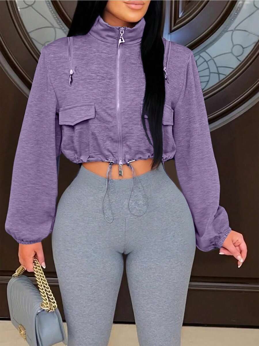 Women's Short Sporty Sweatshirt Jacket, Outdoor Workout Casual Street Style, Drawstring Waist, Solid Color Knit, Plain No Pattern Sports - Purple - View 1