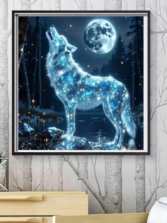 1 pieza de 15.75*15.75 pulgadas Juego de pintura de diamantes sin marco, mosaico 5D de diamantes acrílicos redondos, diamantes artificiales de un lobo aullando bajo la luna llena en un bosque oscuro, misterioso y etéreo. Arte de diamantes completo, bordado de punto de cruz hecho a mano, decoración de pared del hogar
