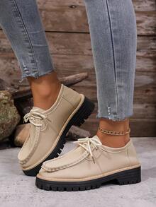 Mocassins Femininos Plus Size Sem Cadarço, Novos Modelos De Primavera/Outono Com Bico Redondo E Sola Grossa, Estilo Britânico Para O Trabalho E Deslocamento Diário. - Bege - Ver 4