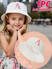 1pc Girls' White Sweet Pink Rose Decor Letter Pattern Bucket Hat, 26 Letters Customizable, Fashionable Soft Cute Lightweight Sun Protection, Suitable As Birthday/Holiday Gift, For Spring/Summer Outdoor Activities, Campus, Fishing - White - View 2