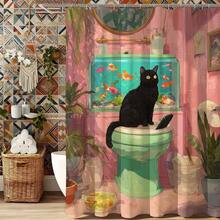 1件黑色猫图案浴帘，独特设计，适合浴室装饰，趣味艺术，家居装饰，仙人掌粉色背景，浴缸配件，72 x 72 英寸，带挂钩，浴室浴帘，涤纶材质，带挂钩。 - 彩色 - 查看 6
