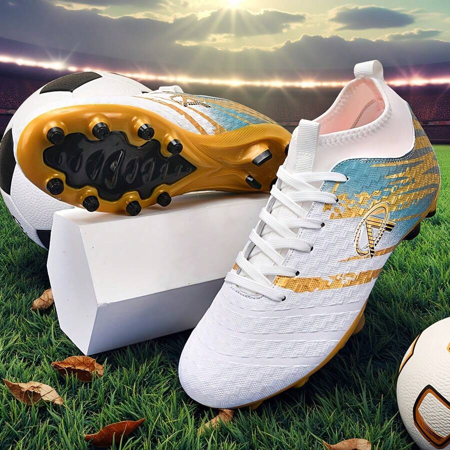 1 Pair New Soccer Shoes, Recommended For Teenagers, Students, Matches And Training, Low-Top, Long Studs, Non-Slip, Suitable For AG, FG, Soft Ground, Real Grass, Competition And Training, Lace-Up, Men's Soccer Shoes, High-Top, Professional Soccer Boots - White Gold - View 1