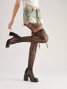 Hollow Lace Bow Tie Strap Fishnet Stockings, Y2K Retro Style Suspender Tights - Black - View 3