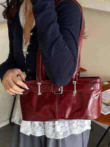 1pc Vintage Large Capacity Tote Bag, Commuter Oversized Underarm Bag, Fashion Motorcycle Women's Bag, PU Solid Color Oiled Wax Leather, Strap Decor, Zipper Closure, Women's Shoulder Bag For Work, College Student Backpack, Short Trip, Vacation, Shopping, Business, Suitable For Daily Use - Burgundy - View 4