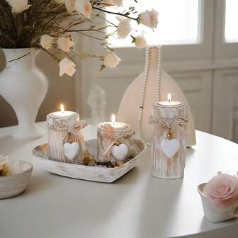 4件套木质心形烛台 | 完整木质心形烛台，浪漫许愿烛台，可爱蝴蝶结装饰，装饰石，心形托盘，家居装饰、情人节、婚礼、派对礼物的理想之选