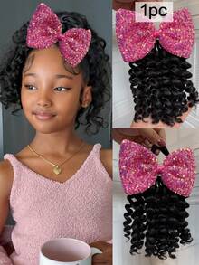 1pc Ponytail With Shiny Bow Clip Hair 8inch Kids Deep Wave Hair Go Afro Kinky Marley With Elastic For Girls - Natural Black - View 12