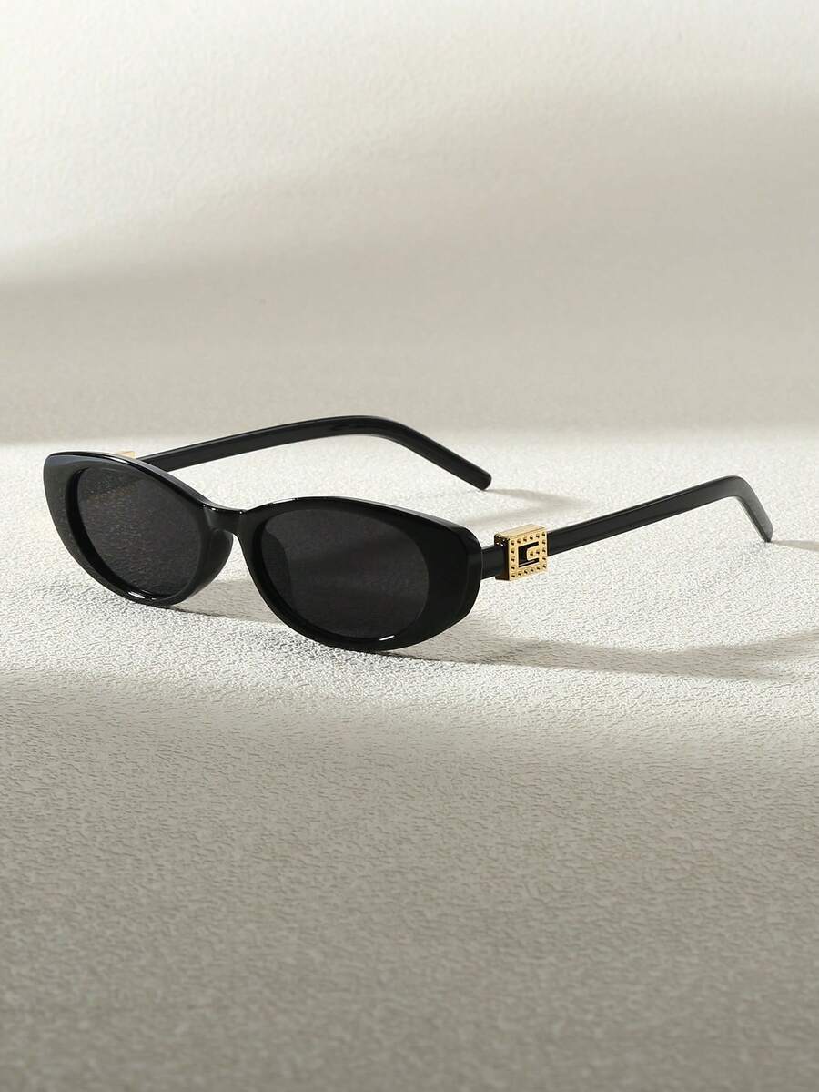 1pc Metal Frame Y2K Oval Fashion Glasses, Fashionable For Women, Summer Beach - Black - View 1