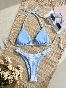 Women's Plaid Lace-Up Backless Vacation Beach Bikini Set Summer - Baby Blue - View 3