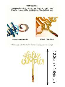1/3/5pcs Spanish Style Acrylic Birthday Cake (With Nameplate), Happy Birthday PMMA Cake Topper, Cake Decor, Baking Decor, Baking Supplies, Kitchen Supplies, Suitable For Halloween, Christmas Party And Celebration Decoration - Gold - View 6