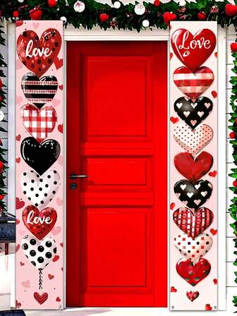Conjunto de banderines para el pórtico del Día de San Valentín con forma de corazón - 2 piezas, de poliéster rojo, 71x12", perfecto para decoración de jardín y patio, celebraciones de Año Nuevo y San Valentín