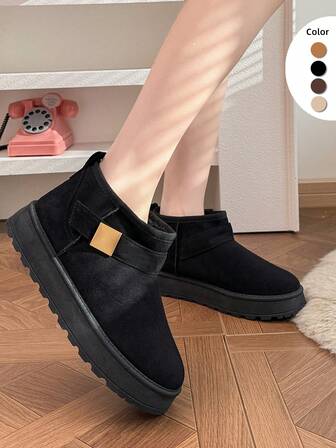 Women's Simple Fashion Basic Metal Buckle Preppy College Fleece Snow Boots, Slip-On Short Boots For Home Winter, Black