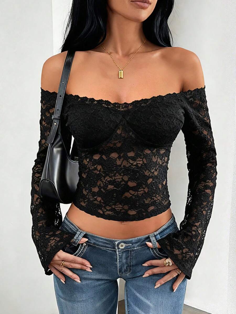 GAOVOT 女士秋季 Y2K 性感修身单肩长袖蕾丝衬衫