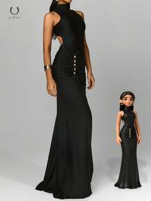 黑色高领露背连衣裙，金属扣褶皱设计修身鱼尾礼服，高端派对礼服 - 黑色 - 查看 2