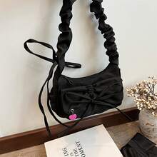 Sac bandoulière élégant en tissu Oxford noir pour femme, avec bandoulière ajustable à nœud - léger, style sport-décontracté, fermeture éclair, doublure en polyester, idéal pour le bureau et les trajets quotidiens, petit sac bandoulière - Noir - Voir 9