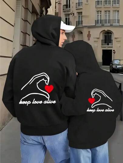 Chaquetas con Capucha para Parejas - Diseño de Manos y Corazón "Mantén el Amor Vivo", Abrigos Casuales de Invierno Lavables a Máquina 100% Poliéster con Cremallera y Bolsillos, & Rojo