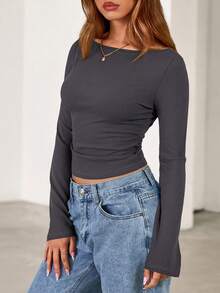 Fall New Arrival Women's Long-Sleeve Top Crop-Top Style Casual Outerwear Boat Neck With Bell Sleeves Ribbed Pleated Design Millennial-Inspired Fashion - 深灰色 - 查看 4