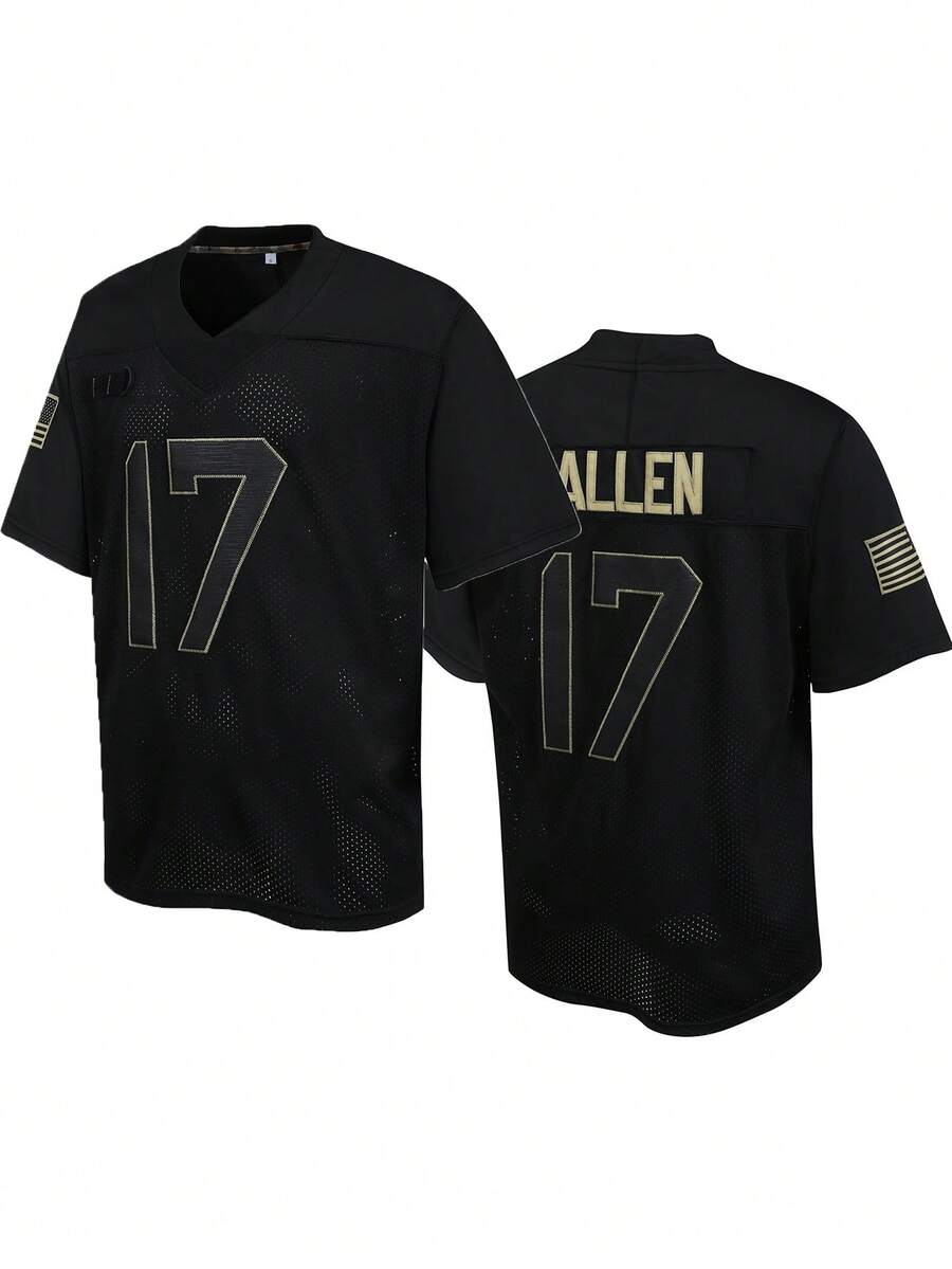 Atonmore 男士17号黑色美式橄榄球球衣休闲短袖刺绣V领T恤派对橄榄球运动上衣 - 黑色 - 查看 1