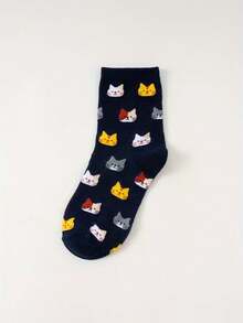 5双装女士休闲猫咪印花袜，可爱动物图案，舒适透气，百搭时尚，猫头组合，理想的礼物之选 - 彩色 - 查看 5