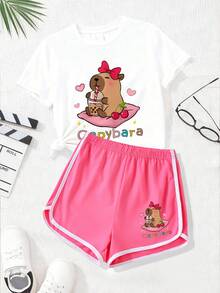 2pcs/Set Casual & Fashionable Cute Capybara Print T-Shirt And Shorts Set, Summer Holiday Outfit For Girls - Multicolor - View 2