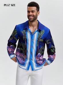 1pc Men's Collared Single-Breasted Long Sleeve Coconut Tree Print Casual Vacation Shirt, Stylish For Holiday Parties, Formal Events - Blue - View 4