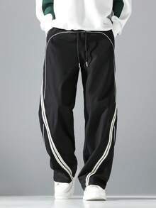 男士时尚休闲直筒裤，运动风格，饰有时尚罗纹织带，撞色包边设计 - 黑色 - 查看 4